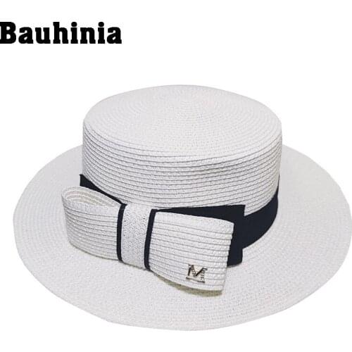 Bauhinia summer sun hat ladies bowknot flat top wide eaves female Korean version sunscreen seaside holiday hat tide straw hat