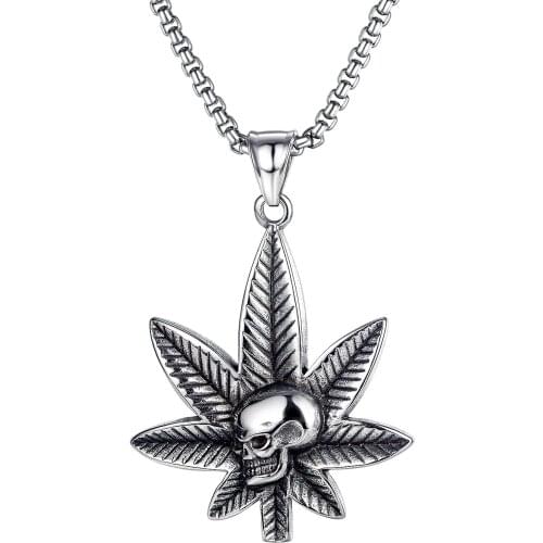 Vintage Punk Maple Leaves Skull Pendants Necklaces For Men Gothic Hip Hop Stainless Steel Jewelry Accessories Necklace Wholesale