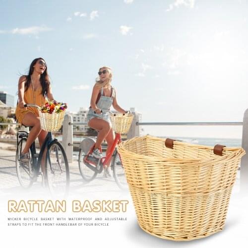 Vintage Rattan Bike Front Basket Bicycle Wicker Hand Woven Handlebar Cargo Storage Container Carrier Pannier Bag