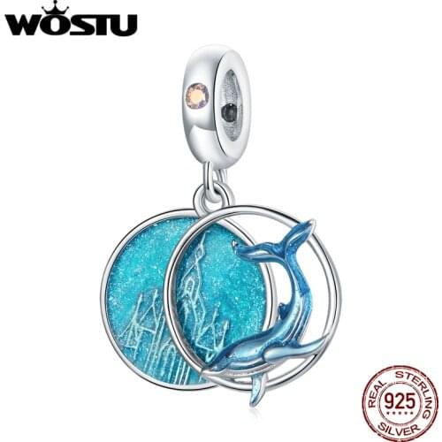 WOSTU 925 Sterling Silver Charms Undersea Whales Bead Animal Pendant Fit Original Bracelet Necklace For Women Jewelry CTC434