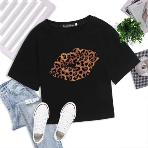 Lips Leopard Print Women T-shirt Short Sleeve Fashion Navel Short Tee Shirt Femme Harajuku Graphic Cropped Tops Y2k Streetwear