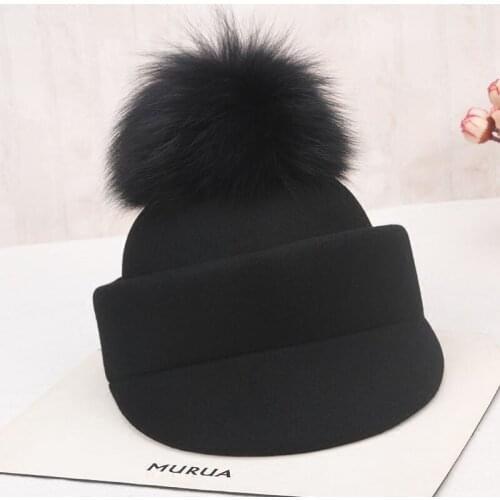 Lady Fedoras Wool Hat Girls Woolen Leisure Cap Fashion Fox Wool Ball Equestrian Winter Warm Black Cap Beret Hats Adjust B8959
