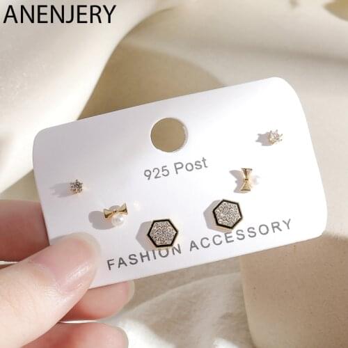 ANENJERY Dainty Cubic Zircon Geometric Hexagon Bowknot Stud Earrings For Women 6-Piece Earrings Set Birthday Gift S-E1237