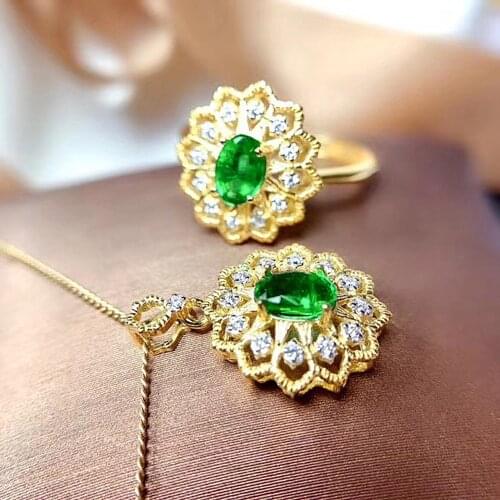 Vintage Carving Green Crystal Emerald Gemstones Diamonds Rings & Pendant Necklaces Jewelry Sets For Women 18k Gold Color Bijoux