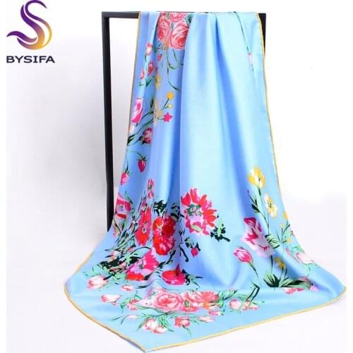 [BYSIFA] Twill Silk Scarf New Brand Ladies Square Scarves Wraps Spring Accessories Light Blue Floral Mulsim Head Scarf Cape
