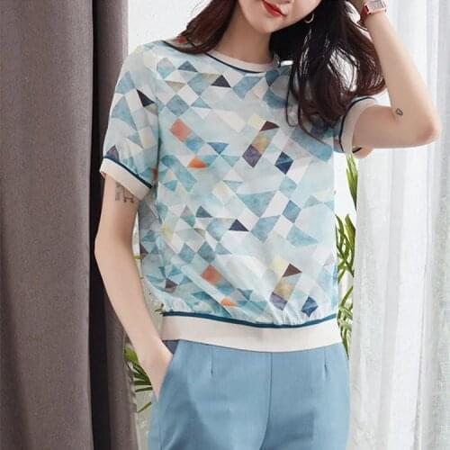 Silk top womens short-sleeved square plaid printed t-shirt 2021 summer new ribbed half-sleeved mulberry silk T-shirt