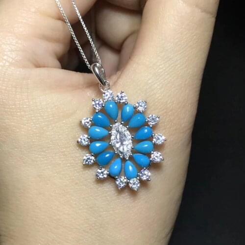 S925 silver natural blue turquoise gem necklace natural gemstone pendant Elegant geometry Talonpaw woman party gift jewelry