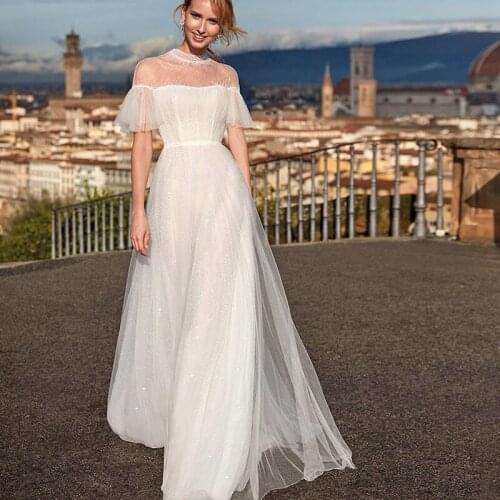 High Neck Short Cap Sleeves Wedding Dress Boho Glitter Tulle A Line Beach Bridal Gowns Vintage 2021 Custom Made