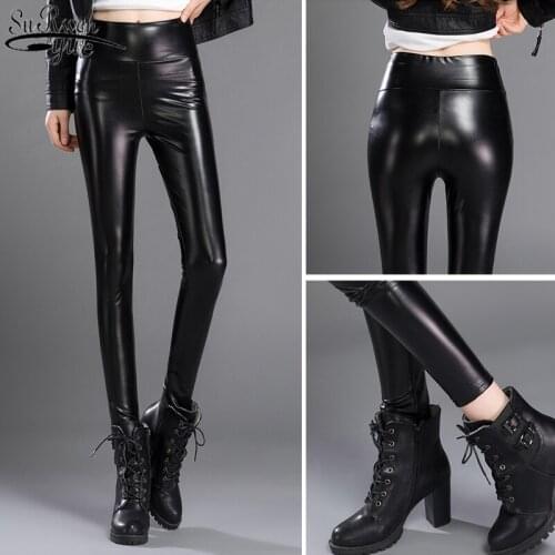 2021 New Style Womens Warm-Keeping Pants High Waist Thicken Velvet PU Leather Pants Winter Women Slim-Fit Trousers 11500