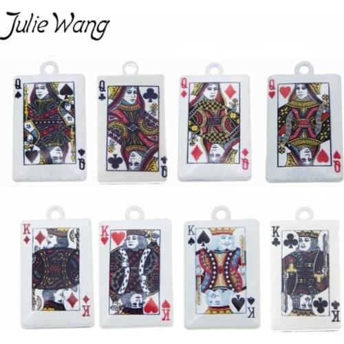 Julie Wang 4/5PCS King Queen Poker Card Charm Pendant Milky White Plated Zinc Alloy Unique Jewelry Making Findings