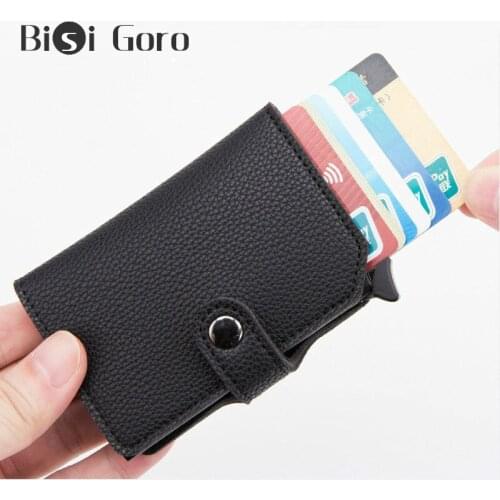 BISI GORO 2020 Button Rfid Blocking Protection Men Credit Card Holder PU Leather Wallet Metal Aluminum Business Bank Card Case