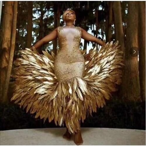 Sparkly Gold Rhinestone Feather Long Tail Dress Birthday Celebrate Dress Spandex Costume Women Dancer Show Outfit Dresses