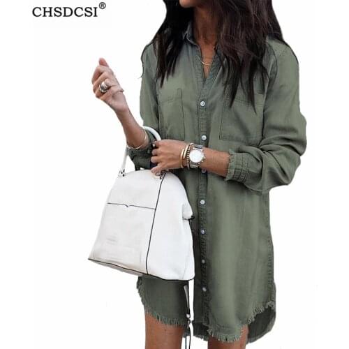 CHSDCSI Streetwear Jeans Shirts Denim Shirt Large Plus Size Women Pockets 4XL 5XL Long Loose Woman Army Green Oversized Tops