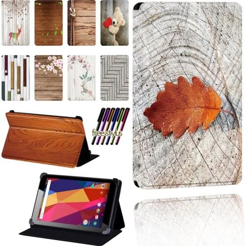 Wood Case for Argos Alba 7/8/10 Inch Leather Pu Adjustable Folding Dust-proof Tablet Protective Cover + Stylus