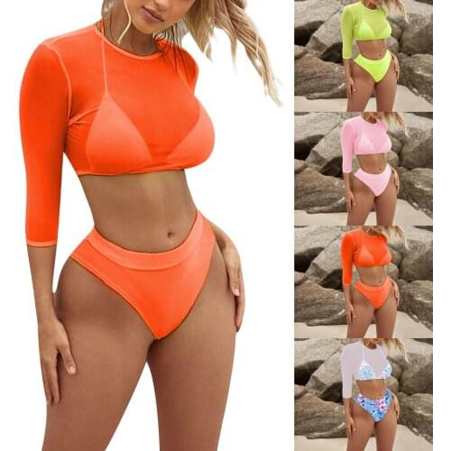 Women Sexy 3 Pcs Swimwear Halter Bikini Bras High Waist Panty with Mesh Crop Tops Swimsuit Sets
