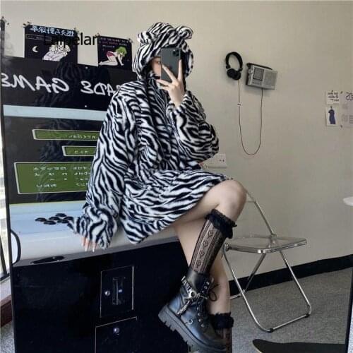 Kawaii jacket womens coat autumn winter retro Hong Kong style zebra pattern preppy style loose plus velvet hooded sweatshirts