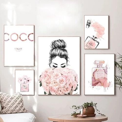 Fashion Perfume Bottle Canvas Painting Peony Flowe Coco Quotes Poster Print Wall Art Pictures for Living Room Wall Decor Cuadros