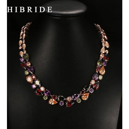 HIBRIDE Fashion Jewelry White Red Green Blue Muticolor Cubic Zirconia Necklaces For Women Top Quality Ladies Necklace N-18