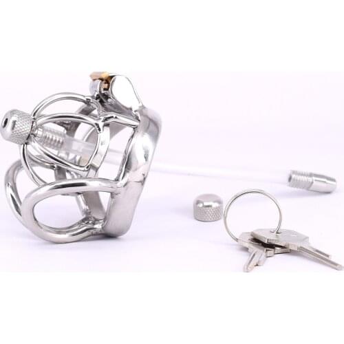 Stainless Steel Male Chastity Cage Small Metal Cockring Curved Testicle Restraints Gear Chastity Devices with Urethral Tube Plug