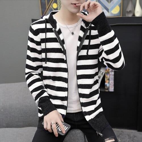 2021 Mens Autumn and Winter Casual Knitted Cardigan Teen Hooded Striped Sweater