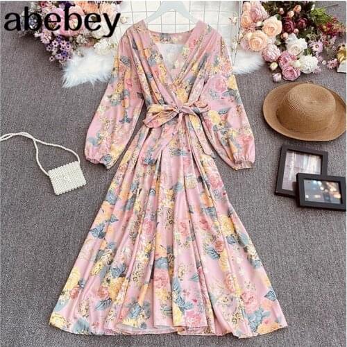 2021 New Spring Autumn Retro All-match V-neck puff sleeve Dress lace up waist slim long print Dress