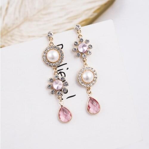 New Asymmetry Rhinestone Flower Charm Simulated Pearl Earrings for Women Long Water Drop Crystal Dangle Earring Jewelry 6A3001