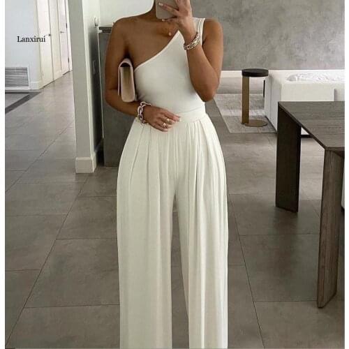 One Shoulder Sleeveless Wide Leg Solid Casual Jumpsuits Chic Summer Loose Overalls