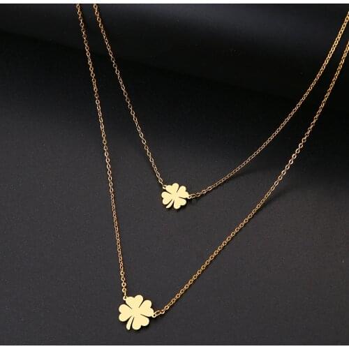 DOTIFI For Women Double Lucky Clover Cross Necklace Stainless Steel Gold and Silver Color Jewelry Gift