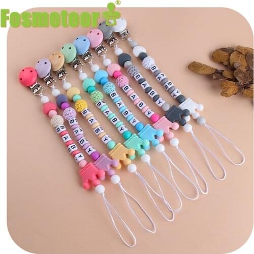 Fosmeteor Silicone Personalised Name Baby Pacifier Clips Crochet Beads Silicone Crown Pacifier Chain Holder Baby Shower Gift