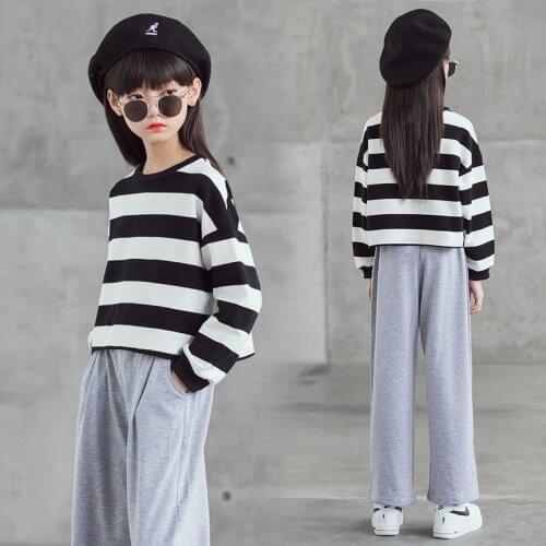 Stripe Loose Pants Spring Summer Girls Clothing Suits Hoodies Sweatshirts Kids Teenager Outwear Two Piece Beach High Quality