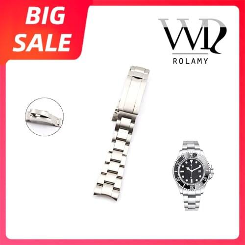 Rolamy 20 21mm Silver Solid Curved End 316L Steel Screw Links Watch Band Bracelet Glide Flip Lock Clasp For Rolex Oyster Deepsea