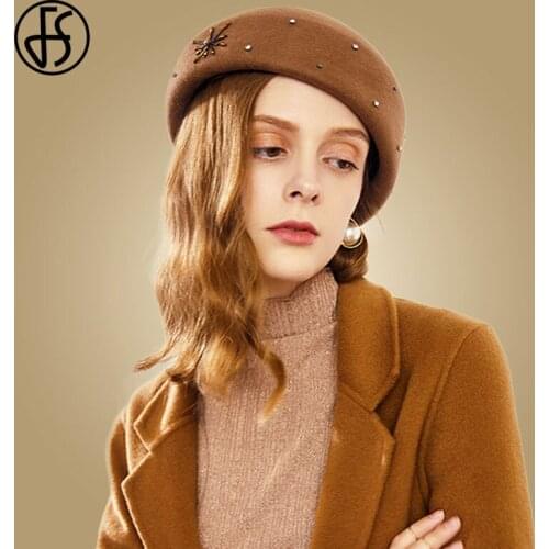 FS New 2021 Elegant French Women Beret For Fashion Ladies Autumn Winter Caps Female 100% Wool Hats Flower Bead Girl Painter Hats