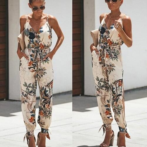 2021 Summer Spaghetti Strap Deep V Jumpsuits Women Playsuit Floral Printed Sexy Rompers Pockets Backless Loose Casual Bodysuits