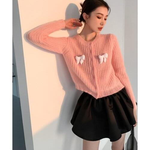 Women 2021 Fashion Casual Temperament Suit Bow Brooch Knit Mohair Sweater Coat Female + High Waist Flower Bud Skirt 2-Piece Set