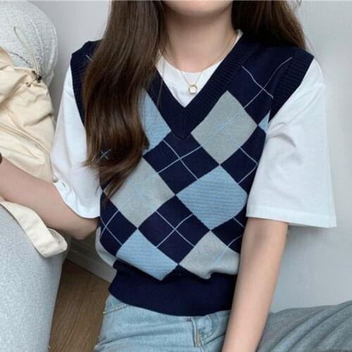 Zoki Argyle Women Sweater Vest Korean Style Autumn Knit Pullover Cute Jumper Casual V Neck Blue Loose Ladies Plaid Vest 2021