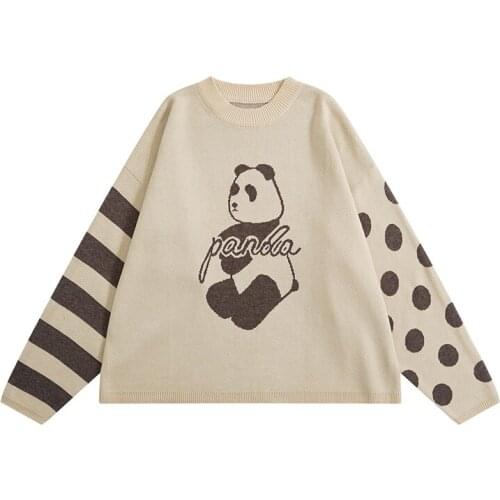 Autumn New Womens Warm Sweater Preppy Style Cartoon Geometric Figure Jacquard O-neck Beige Pullover Winter Thick Top