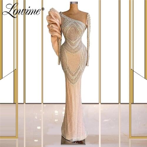 Lowime Dubai Heavy Beading Middle East Sequins Evening Dress For Women 2021 Mermaid Long Sleeve Prom Party Gowns Robe De Soiree