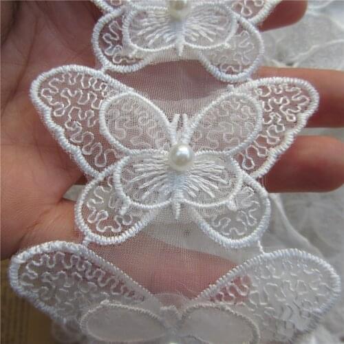 10x Pearl Butterfly Lace Fabric Embroidered Lace Trim Ribbon Patches Applique Manual DIY Wedding Dress Sewing Supplies Craft