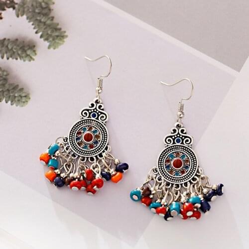 2020 Colorful Beads Tassel Jhumka Indian Ethnic Bollywood Dangle Earrings For Women Gypsy Tribe Round Carved Fashion Jewelry