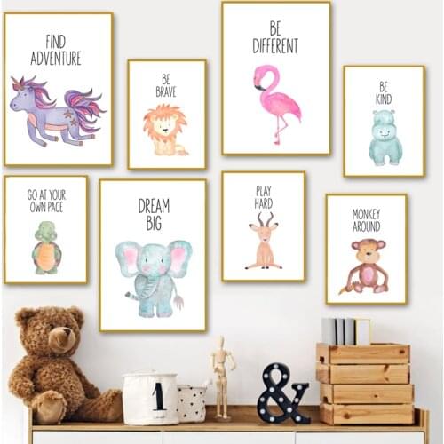 Watercolor Safari Animals Art Prints Kids Inspirational Quote Canvas Painting Poster Nordic Nursery Picture Wall Art Decor