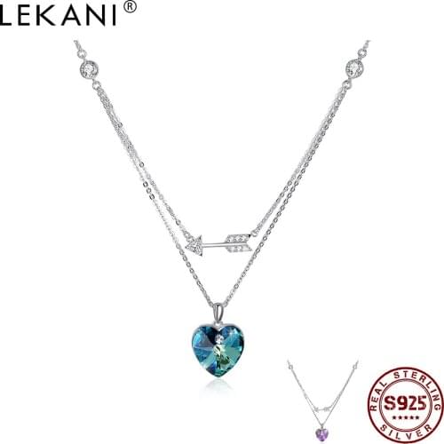 LEKANI 925 Sterling Silver Heart Pendant Necklaces For Women Double Chain With Colorful Austria Crystal Anniversary Gift 2021