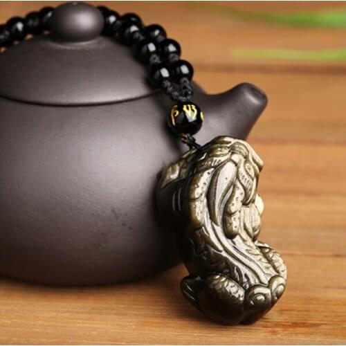Obsidian Dragon Head Pixiu Pendant Necklace God Of Wealth Lucky Carved Stone Beaded Neck Jewelry Gift for Men Women BN