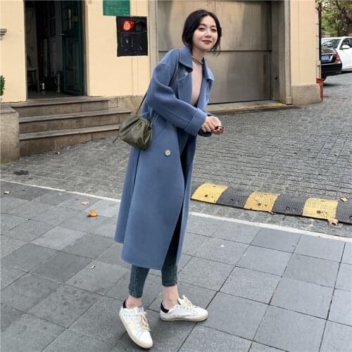 Double sided cashmere coat womens medium and long haze blue double breasted temperament small mans new wool coat in autumn and
