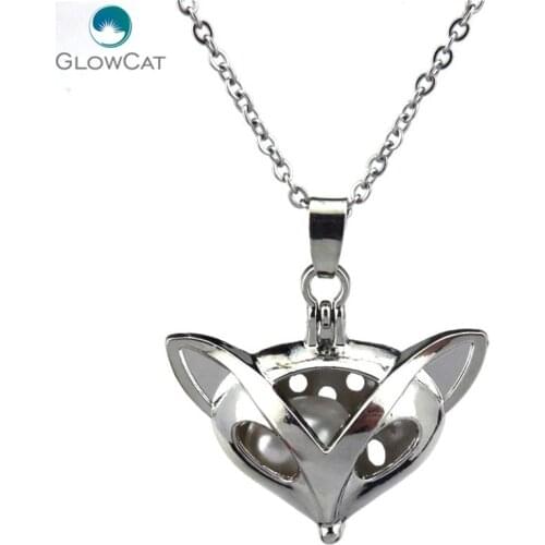 K128 Silver Magnetic Head of Fox Pearl Cage Locket Necklace Stainless Chain 18" Aroma Essential Oil Diffuser Locket