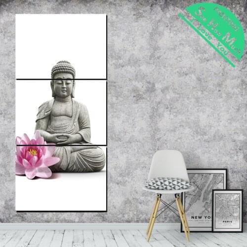 3 Pieces Pink Lotus Stone Buddha Tradition HD Printed Canvas Painting Pictures for Home Decoration Wall Art Living Room Poster