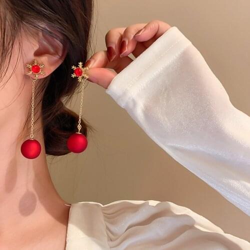 Korean Style Snowflake Red Ball Long Earrings For Women 2021 New Jewelry Brincos Christmas Gifts