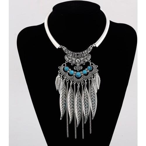 Exaggerated Vintage Neckalce Glossy Leaf Tassel Metal Chokers Necklace For Women Gold Silver Color Necklaces & Pendants J186