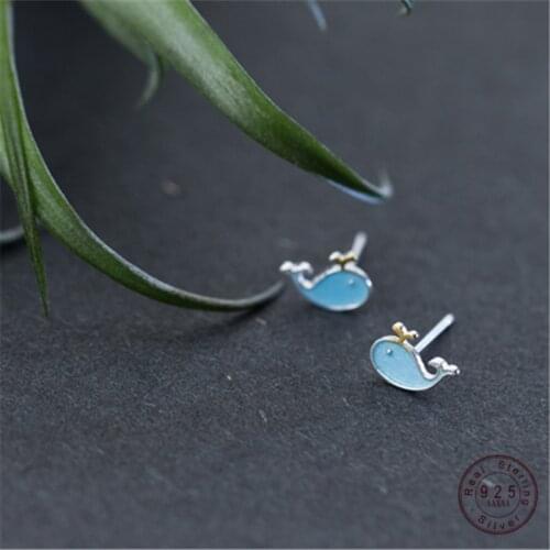 WANTME Cute Korean 100% 925 Sterling Silver Blue Lovely Whale Stud Earrings for Women Girls Kids Creative Marine Animal Jewelry