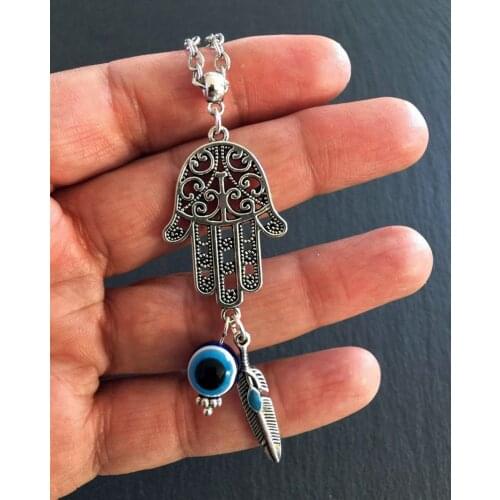 Fashion Charm Hamsa Hand Evil Eye Feather Pendant Necklace, Boho Ethnic Style For Women Gifts