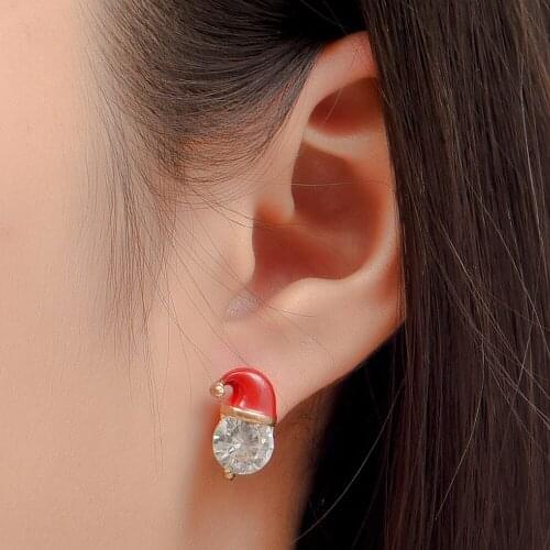 Fashion Shiny Zircon Christmas Hat Earring For Women Gold Color Small Santa Claus Red Hat Shape Stud Earring Female Jewelry Gift